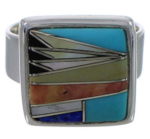 Sturdy Sterling Silver Multicolor Inlay Ring Size 8-3/4 WX39851